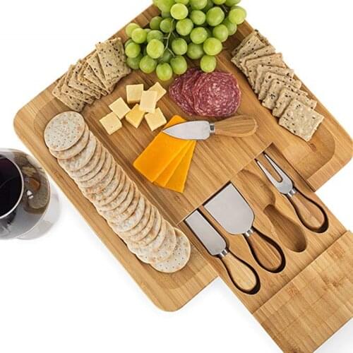 Wooden Bamboo Cheese cake Board set with Cutlery Wood Charcuterie Platter Serving Meat Board with Slide-Out Drawer with 4 knife