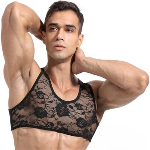 Erotic Sissy Vest Mens See Through Sheer Lingerie Sleeveless Lace Babydoll Crop Top Hot Mini Vest Clubwear Sexy Tanks Bras