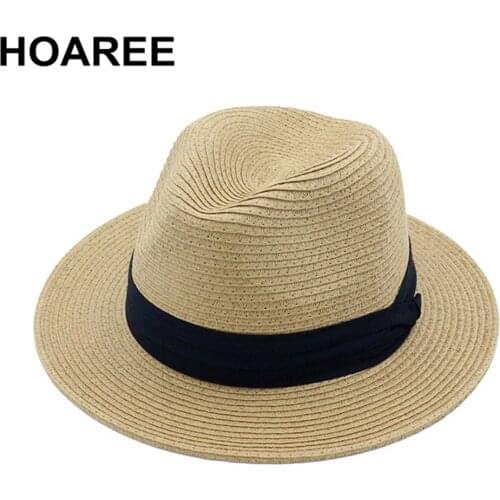 HOAREE Panama Hat Women Khaki Beach Straw Hat Fedora Female Vintage Casual Sombrero Summer Beach Trilby Sun Hat Chapeau