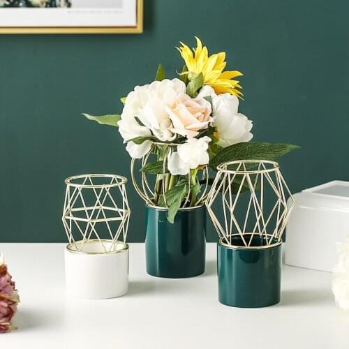 Lantern Design Ceramic Vase with Metal Frame Porcelain Flower Vase Decorative Planter Container Holder Home Table Decoration