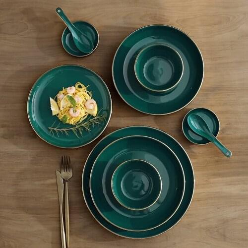 Nordic Ceramic Peacock Green Rice Bowl Snack Dish Set Homelarge Soup Noodle Bowl Fruit Dessert Main Course Sushi Plate Tableware