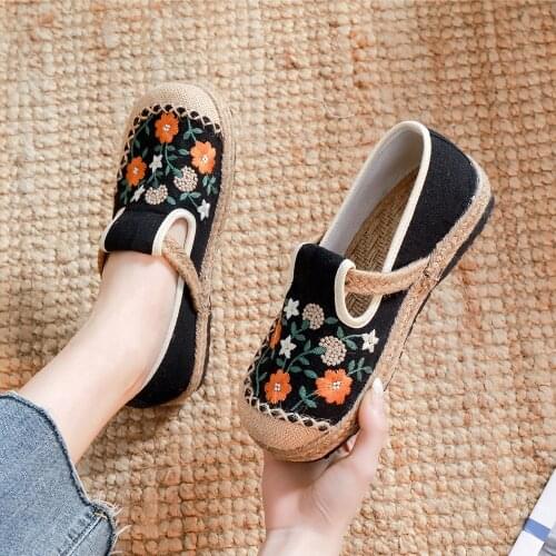 YourSeason Bohemian Ladies Linen Canvas Slip On Flat Loafers Comfort Vintage Shoes Hemp Sole Women Casual Embroidered Sneakers