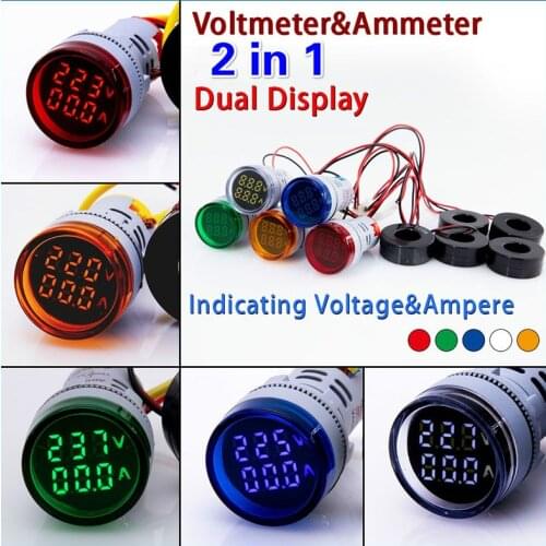 Mini Digital Voltmeter Ammeter 22mm Round AC 50-500V 0-100A Amp Volt Voltage Tester Meter Dual LED Indicator Pilot Lamp Light