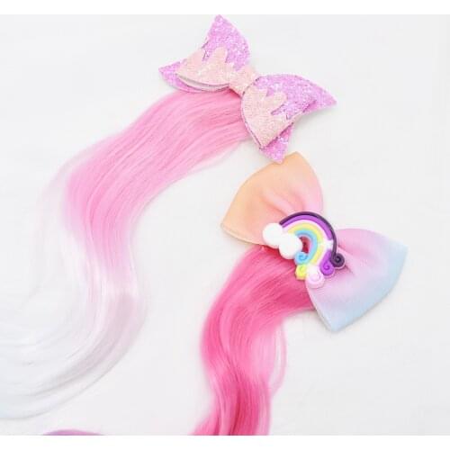 2021 New Fashion Street Reality Show Color Long Hair Stickers Hairpin Rainbow Bow Wig Hairpin For Little Girl Hair Accessories