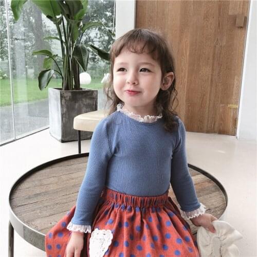 New Autumn Girls Lovely Ear-fringed Doll Neck Long Sleeve Blouse Clothes Lace Top T-shirt Outfit for Chidlren Shirt 2021