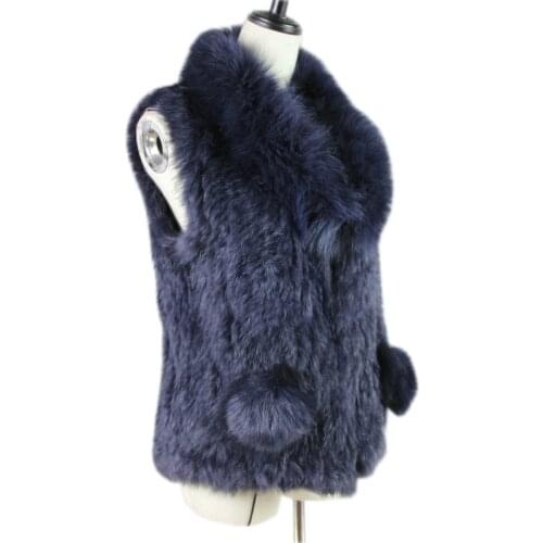 New style womens natural real rabbit fur vest with big raccoon fur collar deck on pocket waistcoat/jackets rabbit knitted winter
