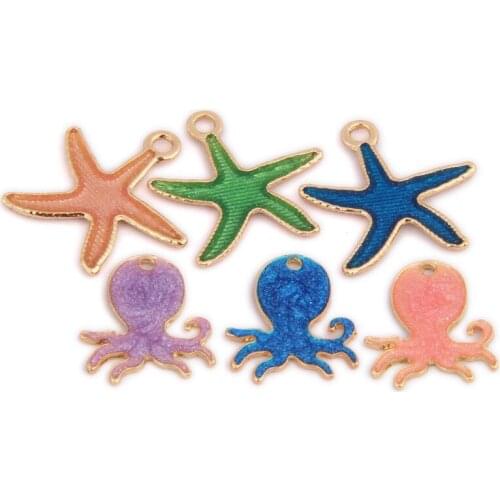 New Glitter Enamel Alloy Sea Star Octopus Charms 10pcs Gold Tone Plated Drip Oil Cute Girl Earring Necklace Pendant Decoration
