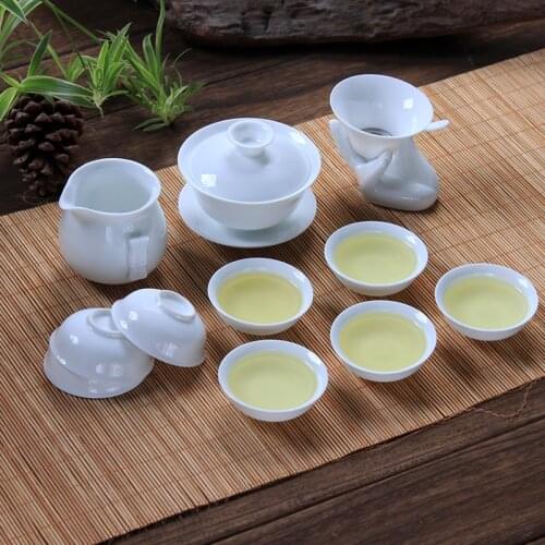New Ceramic kung fu tea set Include 1 gaiwan+1 fair cup+7 tea cups,pure white chinese tea set tea ceremony