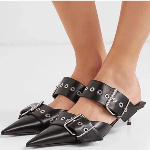 2021 New Fashion Pointed Toe Sandals Women Summer High Heels Black Metal Buckle Women Shoes Chaussures Femme