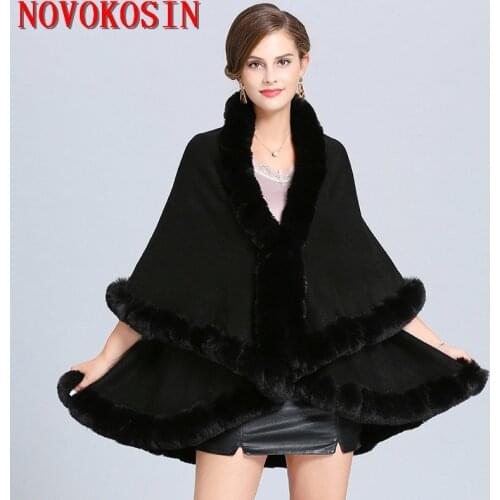 SC362 2019 2 Layers Knitted Poncho Winter Warm Long Cape Loose Solid Thick Cloak Women Imitation Fox Fur European Cardigan Coat
