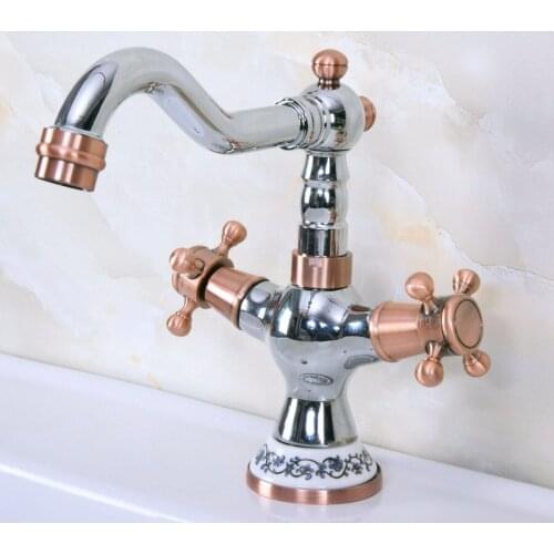 Basin Faucets Polished Chrome Red Copper Double Cross Handles Bathroom Sink Faucet Swivel Spout Vanity Mixer Taps tnf901