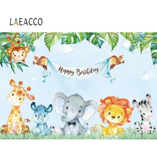 Vinyl Backdrops Photography Jungle Safari Birthday Party Elephant Monkey Grassland Customized Banner Watercolor Photo Background