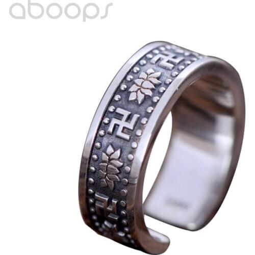 Vintage 990 Sterling Silver Buddhism Swastika Open Ring with Lotus Flower for Men Women,Adjustable Size 8-10,Free Shipping
