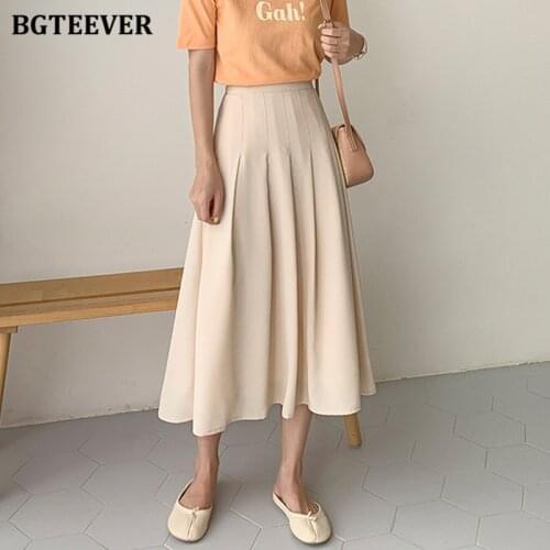 BGTEEVER Chic Elastic High Waist Pleated Mid-length Skirts Women 2021 Spring Summer Loose Female Skirts