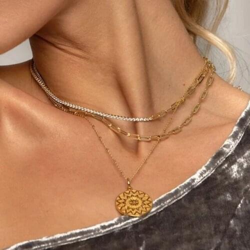 2021 New European Women Chain Adjusted Size Half CZ Tennis Chain Half Paper Clip Chain Simple Necklace