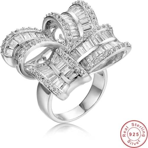 Handmade Big S925 Silver Bow Cocktail Rings for Women Jewelry Luxury Pave Square T Simulated Diamond Platinum Ring Size 5-10