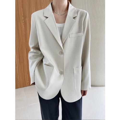2021 Autumn Winter Women Beige Blazer Pocket Long Sleeve Elegant Korean Style Slim Jacket Coat