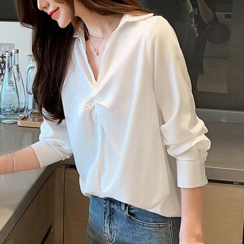 New Fashion 2021 Elegant Women Tops Long Sleeve V-neck Button Sexy Women Clothing Loose White Solid Women Blouses Autumn 5692 50