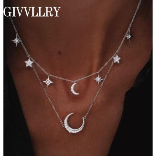 Free Shipping 2 Layered Chain necklaces for Women Elegant Shiny Crystal Star Tassel Moon Pendant Necklace Gift Jewelry