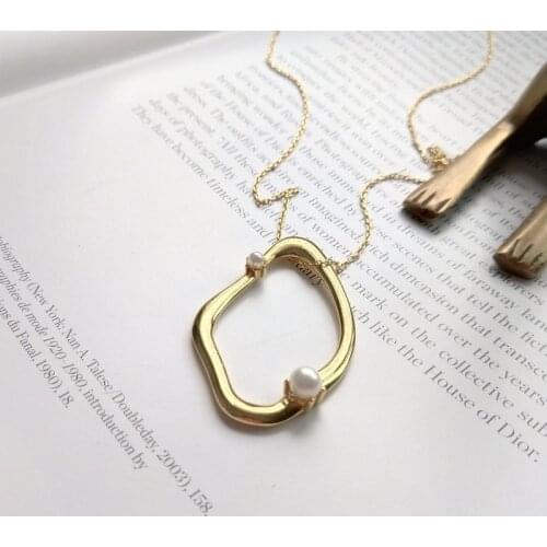 925 Sterling Silver Golden Openwork Irregular Circle Pendant Necklace With Pearls Girls Fashion Jewelry New Dubai Necklac