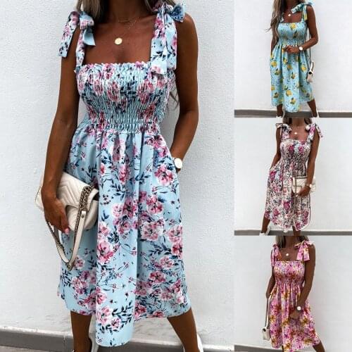 Fashion Women Summer Flower Print A-Line Dress Shrinkage Design Pockets Bandage Decor Sling Sleevelss Square Collar Slim Dress