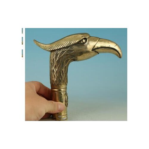 100% BRASS Pure Copper Brass Grandpa Good Lucky Old Asian Chinese Handmade Carved Parrot Collect Statue Walking Stick Head