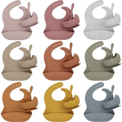 3Pcs Baby Feeding Tableware BPA Free Food Grade Silicone Bowl Bib Placemat Soft Fork Spoon Feeding Set Baby Supplies