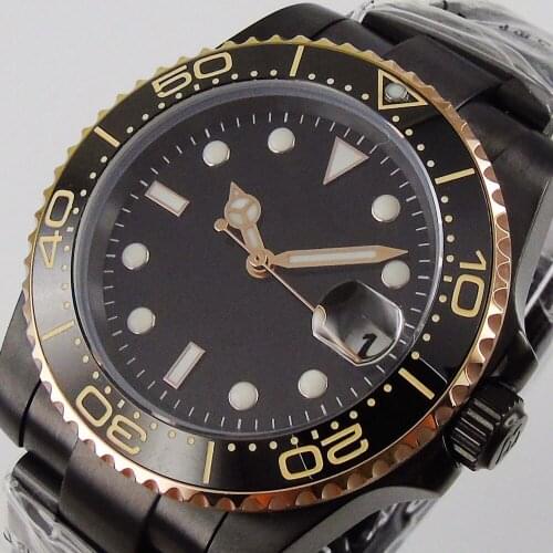 40mm Sterile Black Dial Luminous PVD Coated Ceramic Bezel Sapphire Glass NH35 Date Automatic Mens Watch