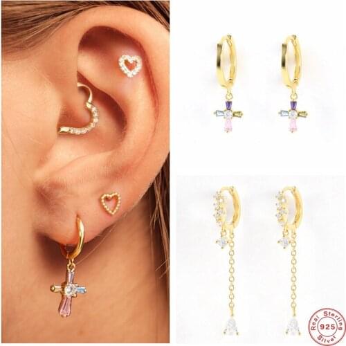 Aide 925 Sterling Silver Colored Zircon Cross Pendant Dangle Earrings For Women White Crystal Pave Circle Chain Drop Earrings