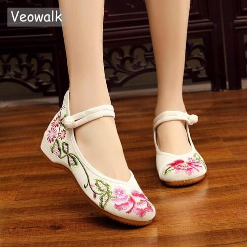 Veowalk Chinese Flower Embroidered Women Canvas Ballet Flats Ankle Buckles Mid Top Ladies Casual Comfort Walking Cotton Shoes