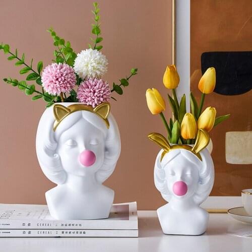 White Girl Resin Flower Pot Animal Ears Cute Shape Modern Home Decoration Living Room Girl Bedroom Decor Gift Indoor Plant Pots