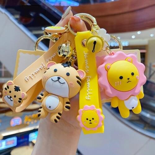PVC Cartoon Animal Family Keychain Tiger Lion Cat Dinosaur Panda Rabbit Car Keyring Bag Pendant Soft Rubber Doll Gift Supply
