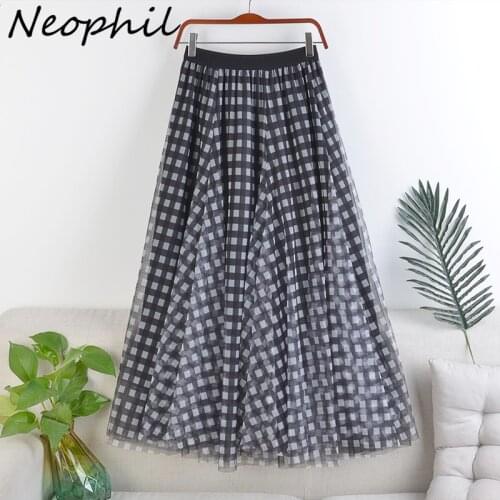 Neophil Black Plaid Women Mesh Tulle Long Skirts 2021 Autumn Tartan Eleastic Volie England Style Ball Gown Faldas Larga S21757