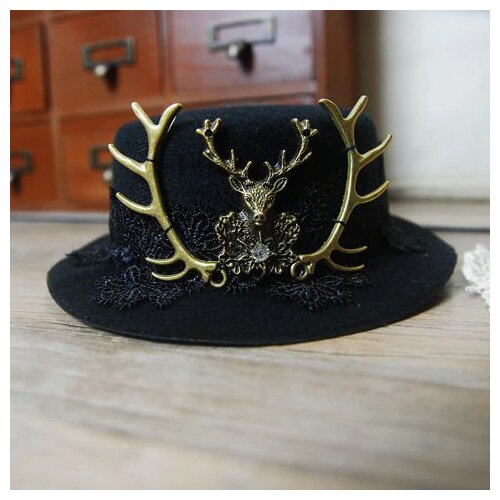 Steam Punk Victorian Burlesque Black Lace Deer Head Mini Top Hat Fancy Dress Tall
