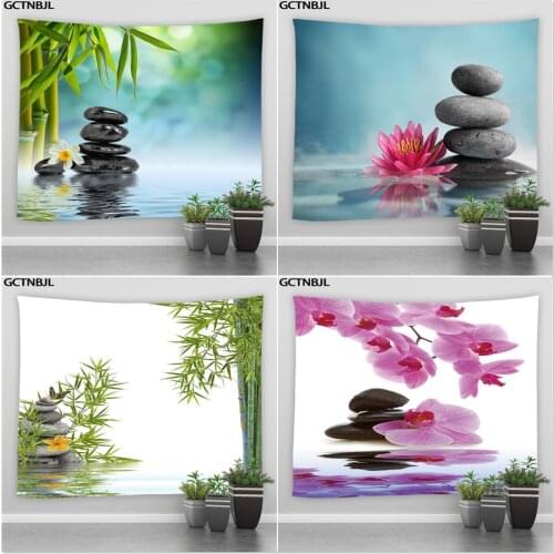 Zen Spa Floral Tapestry Wall Hanging Decor Lotus Bamboo Stems Stones Garden Scenery Living Room Backdrop Cloth Blankets Carpet