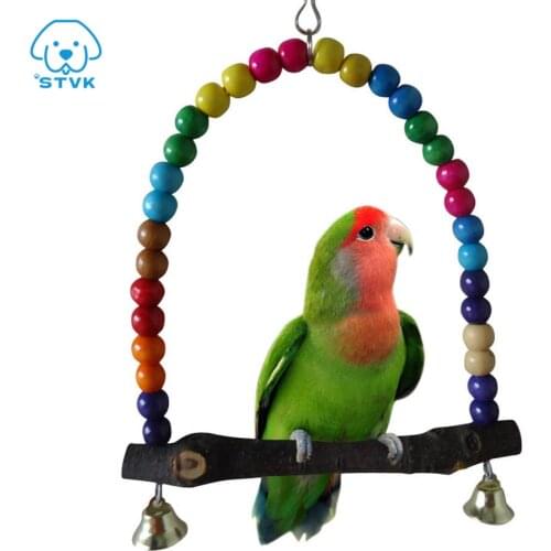 Wooden Bird Swings Toy with Hanging Bells for Cockatiels Parakeets Cage Accessories Birdcage Parrot Perch Stand Play Gym