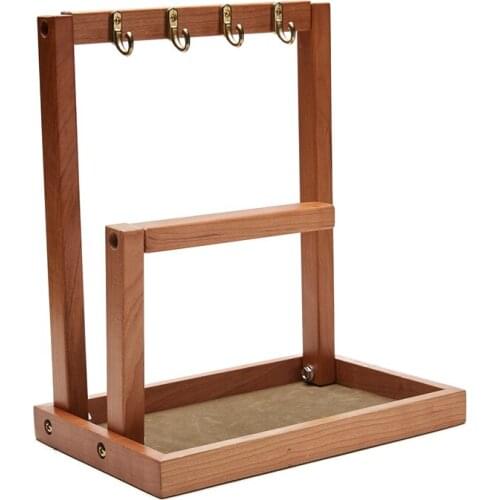 Wooden Jewelry Organizer Display Stand Holder with Ring Tray and Hooks Storage 3-Tier Desk Organizer Stand