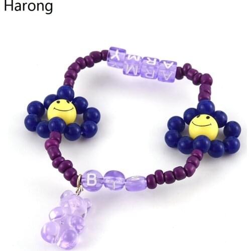 1 Pc Kpop Purple Beads Bracelet Cartoon Elastic Smiley Letter Bangle Handmade Jewelry Bangtan Boys Combination Gift For Girls