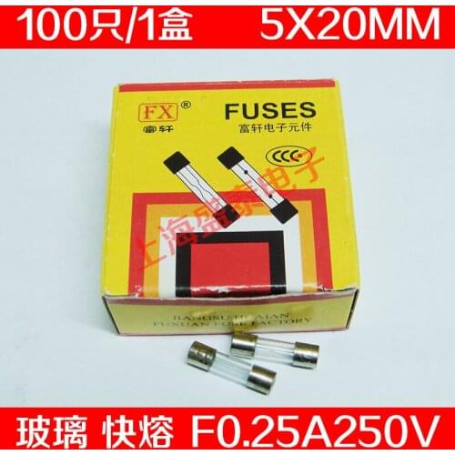 F0.25AL250V Glass Fuse Tube F0.25A250V F250mA 5X20MM 100 PCS