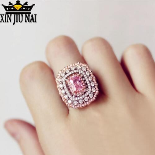 Luxurious Pink cherry blossoms 18KT White Gold Cushion Shape 125PCS Pink&White 5A CZ Zirconia Women Wedding party Ring Gift 6-10