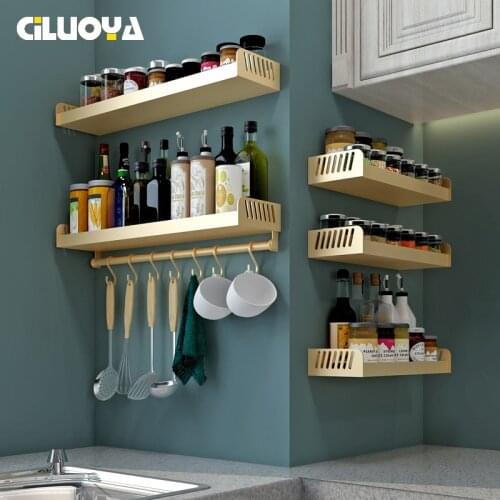 Hole-Punched Kitchen Shelves Wall Hanging Alumimum Storage Rack Youyanjiangcu Seasoner Rack Useful Product Gold