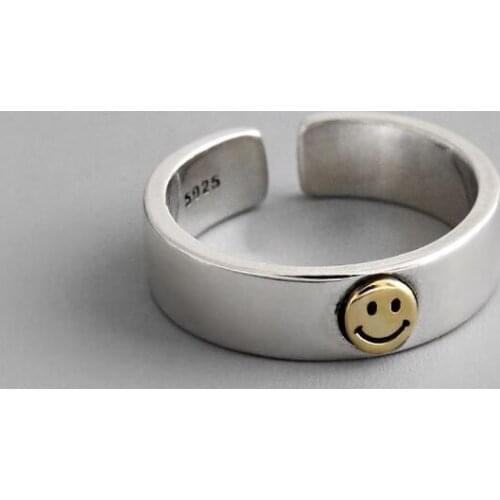 Retro Smiley Face Cute Korean Adjustable 925 Sterling Silver Rings For Women Vintage Dainty Stackable Jewelry Gift