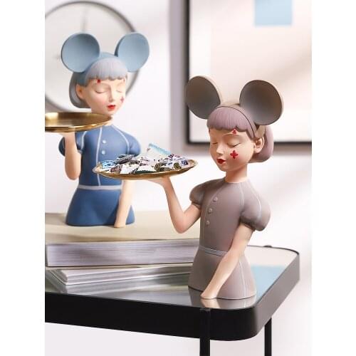 Cute Mouse Girl Sculpture Tray Home Storage Resin Statue Desktop Accessories Living Room Decoration Crafts Kids Gifts