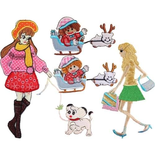 Cartoon Girl a sledge girl walk a dog Patches Cute Iron On Appliques For Kids Clothes 3D Diy T-shirt clothing Accessories