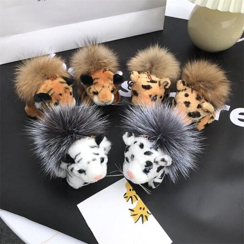 New Leopard Plush Cheetah Real Fox Fur Ball Key Chain Pompom Ball Car Bag Pendant Ring