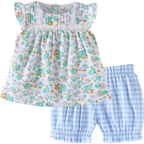 Jumping Meters 2021 New Floral Girls Summer Clothing Sets With Flowers Print Fashion Childrens Outfits Hot Selling Kids Suits