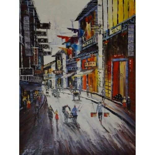 HandPainted Oil Painting on Canvas China Shanghai Street Cityscape Canvas Painting Wall art Picture Painting for Living Room