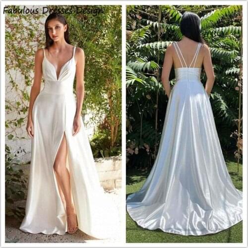 Sexy V Neck Backless Split Wedding Dresses Spaghetti Strap Sweep Train 2021 Bridal Gowns Cheap Plus Size Vestidos De Novia