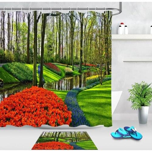 Trees Flowers & River Shower Curtain Park View Extra Long Waterproof Eco-Friendly Bathroom Polyester Fabric For Bathtub Decor