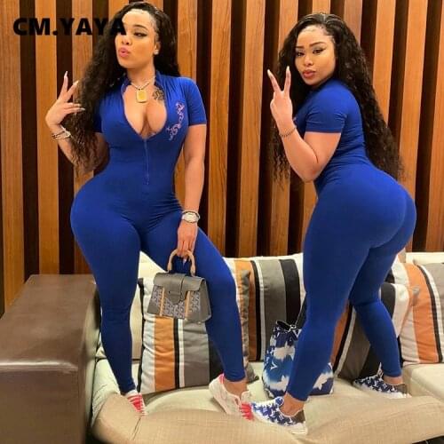 CM.YAYA Print Pattern Short Sleeve Zipper Collar Jumpsuits Women Sheath Skinny Elastic Full Length Jumpsuit Casual Outfits 2021